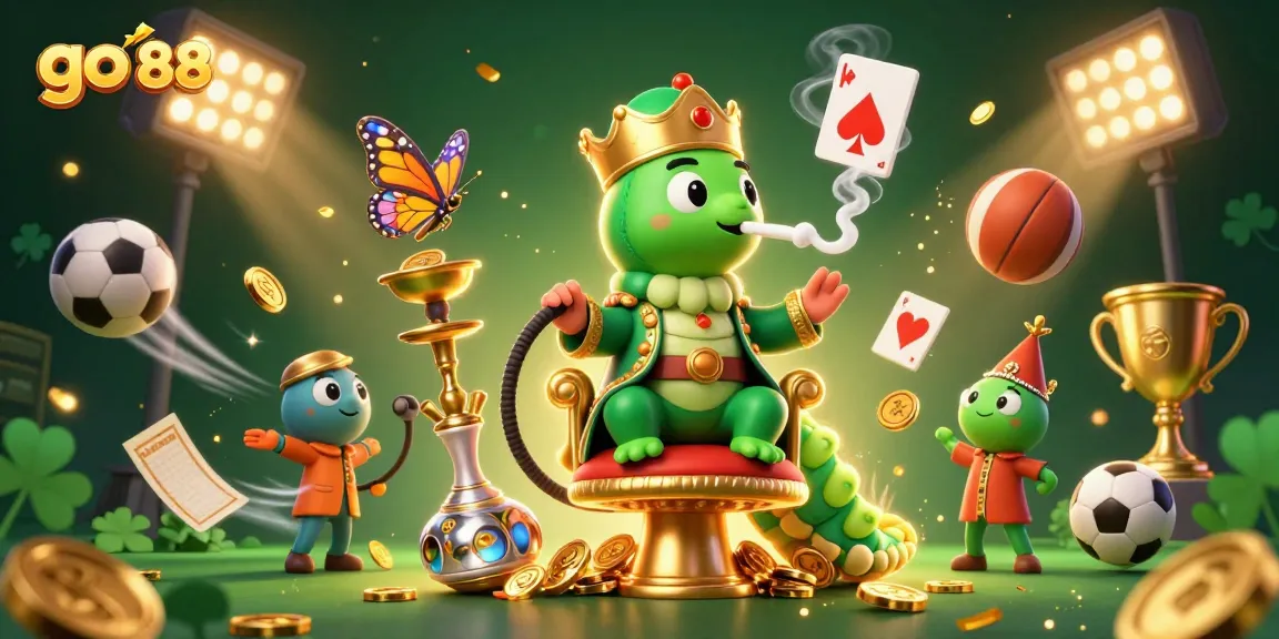 Engage with go 88 illustrated scene featuring a sultan caterpillar amidst dynamic sports elements.
