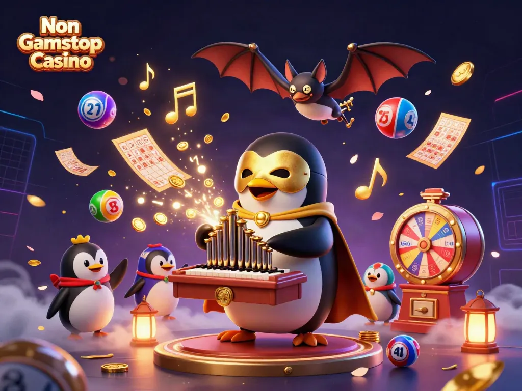 Experience the thrill of a Non Gamstop Casino with vibrant illustrations of a penguin playing an organ and golden coins flying.