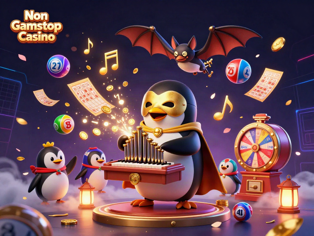 Experience the thrill of a Non Gamstop Casino with vibrant illustrations of a penguin playing an organ and golden coins flying.