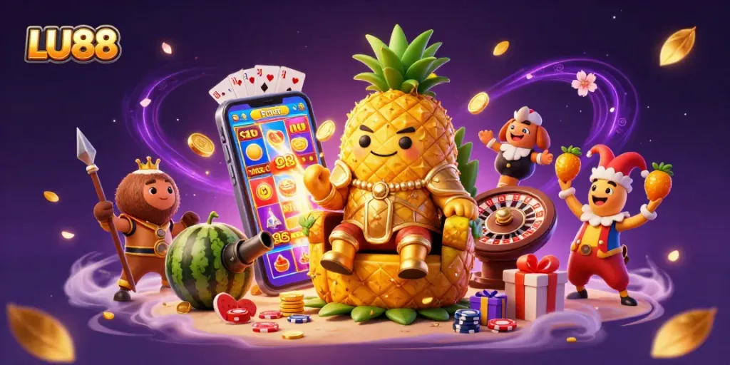 Play exciting casino games with LU88's golden pineapple king and vibrant dynamic elements.