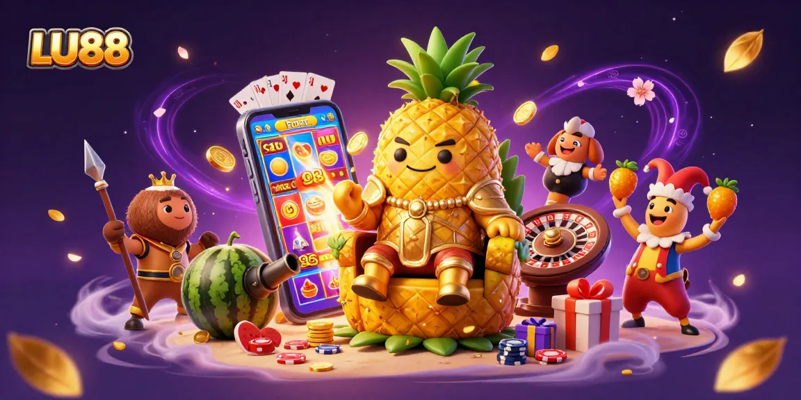 Play exciting casino games with LU88's golden pineapple king and vibrant dynamic elements.