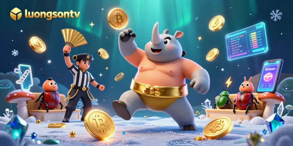 Experience thrilling gambling action with luongsontv as beetles celebrate wins amid flying coins and crypto visuals.