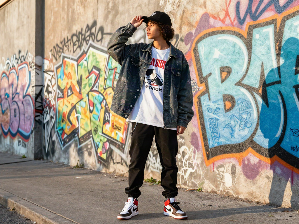 Wearing stylish streetwear, ai slut fashion expression against graffiti.