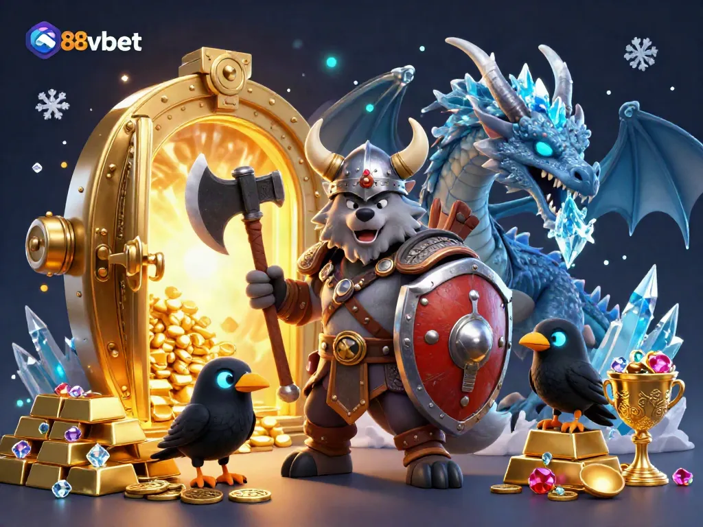 Join the action at 88vbet with a Viking wolf warrior by a treasure vault packed with gems and gold.
