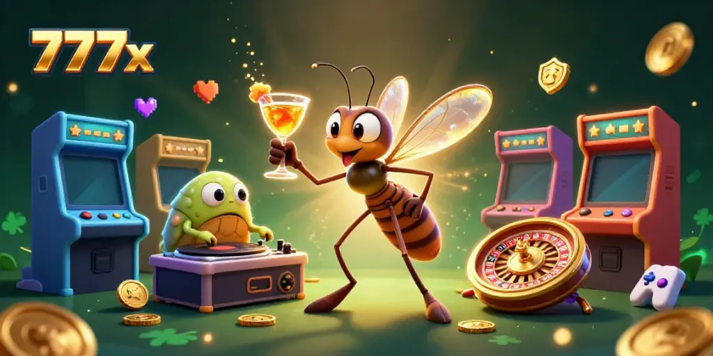 Experience the thrilling excitement of 777x with a lively 3D casino scene featuring unique characters and elements.