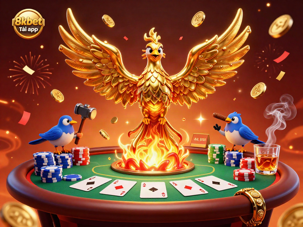 Experience the excitement of 8xbet tải app with a golden phoenix and poker elements in a dynamic casino scene.