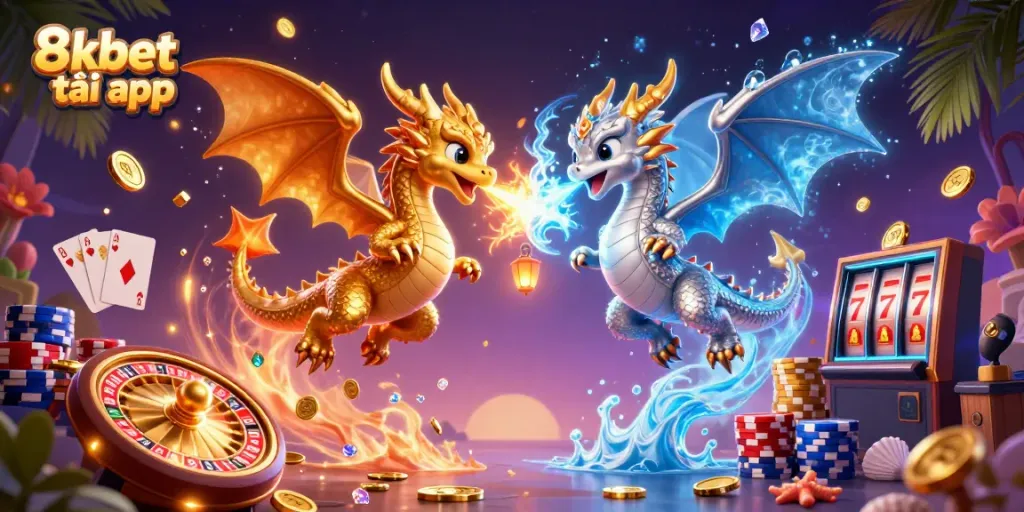 Experience the thrilling 8xbet tải app with dynamic dragons amid a stunning casino scene.
