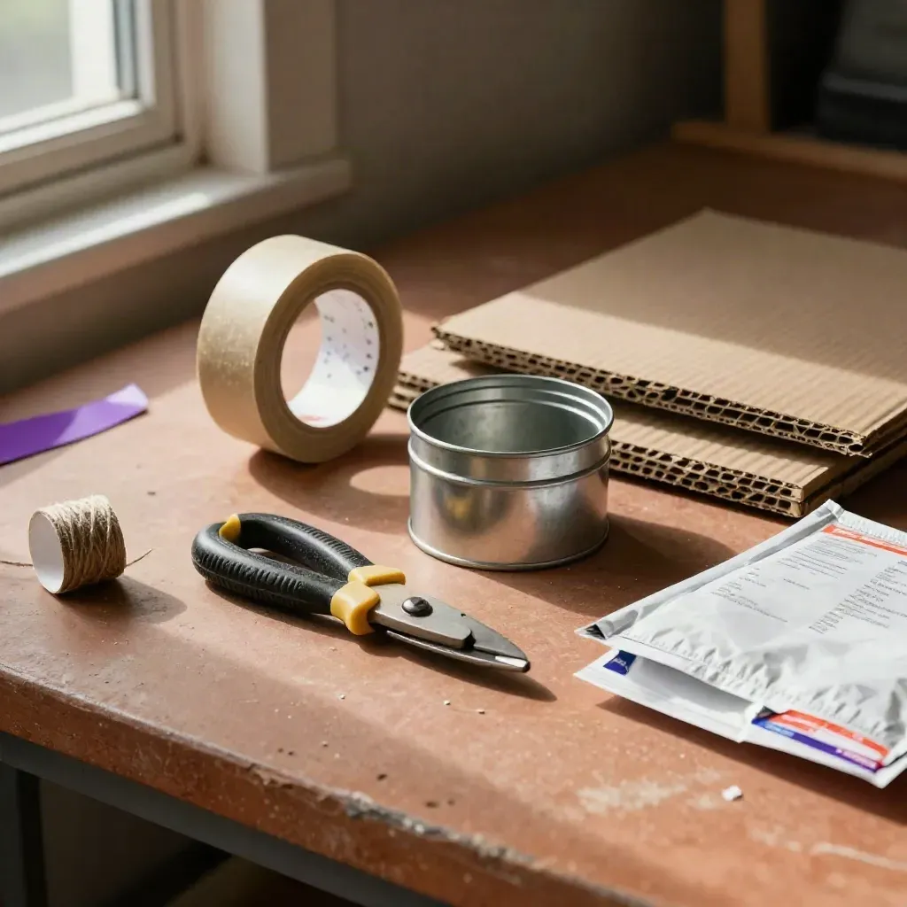Fulfilment bench with kraft tape, metal tin and box cutter in warm side light.