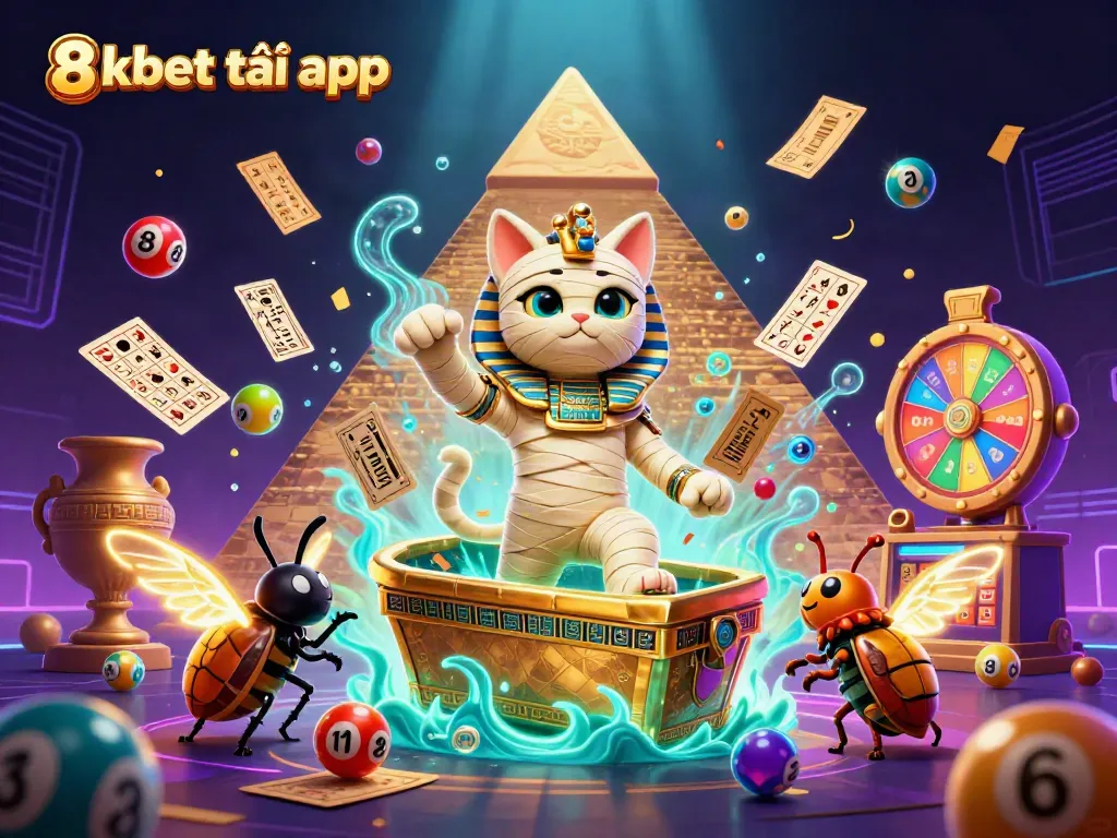 Engage in the excitement of 8xbet tải app with an animated Egyptian mummy cat and casino elements.