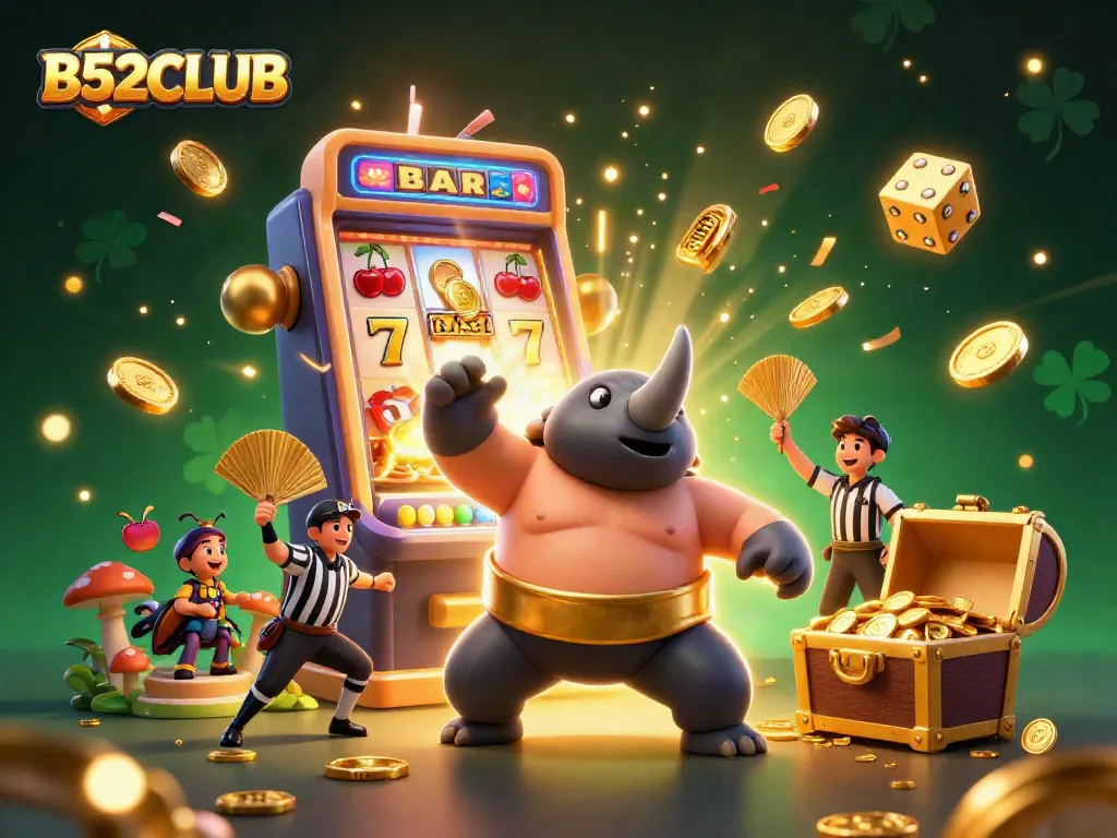 B52CLUB delights players with a dynamic casino illustration of a beetle champion in a jackpot scene.
