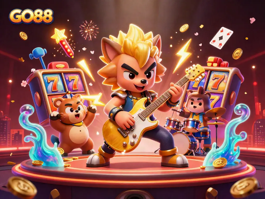 Join the action at GO88's thrilling casino with vibrant slot reels and a lively stage performance!