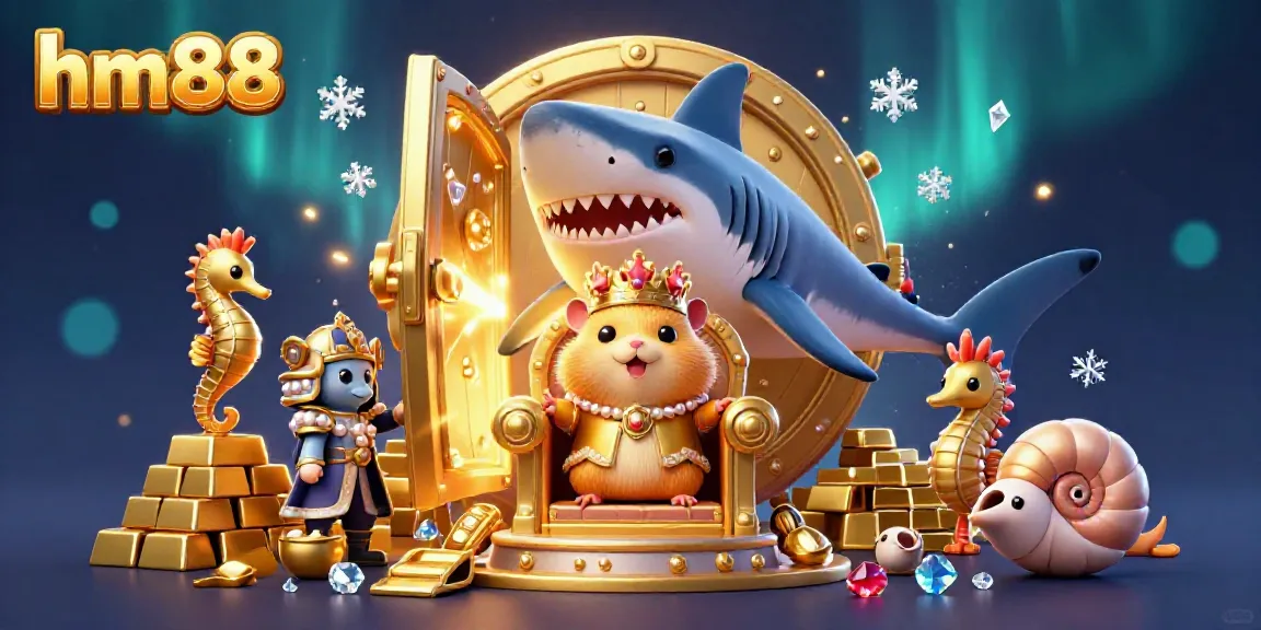 Charmingly engage with hm88's magical casino world featuring a golden hamster king atop a megalodon throne amid treasures.