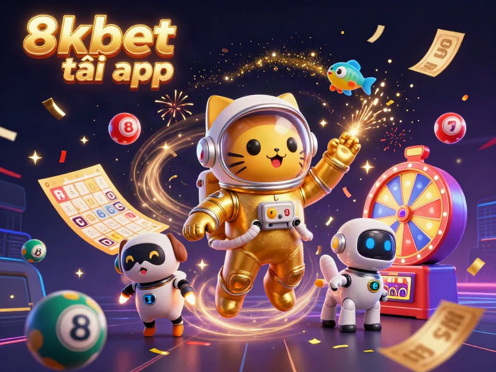 Experience the excitement of gaming with 8xbet tải app, featuring a vibrant 3D scene of a space cat and robot dog.