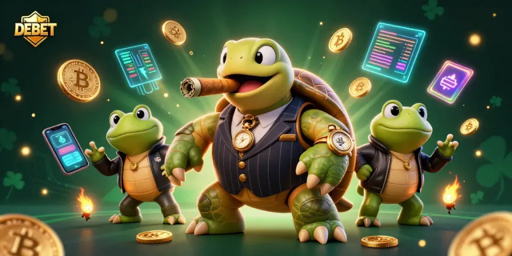 Engage in thrilling action with DEBET's unique gambling scene featuring a mobster turtle and bullfrog enforcers.