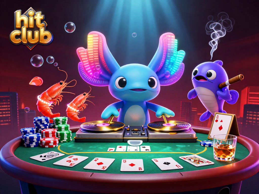 Experience the hit club scene with an energetic axolotl DJ and vibrant poker elements in this colorful underwater casino.