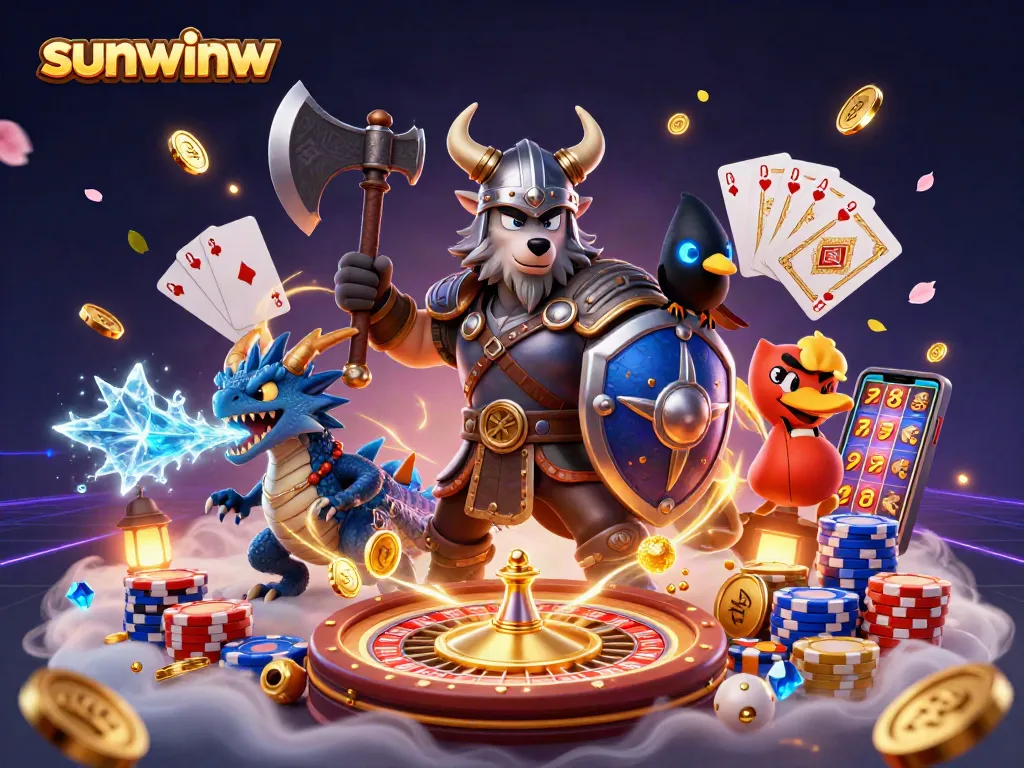 Engage with exciting casino adventures at sunwinw with a Viking warrior, dragon, and treasures.
