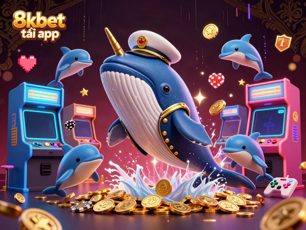 Experience the excitement of 8xbet tải app with a whimsical whale and casino-themed characters.