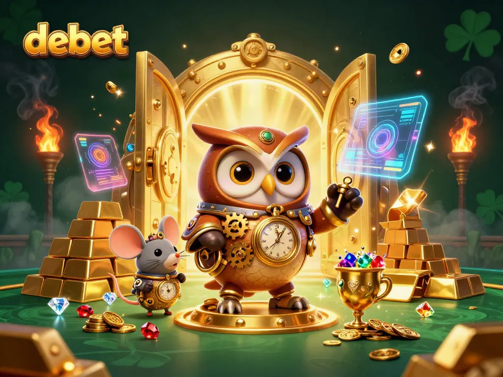 Engage with debet's vibrant 3D illustration featuring a time-traveler owl in a steampunk casino scene.