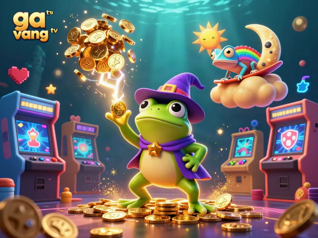 Experience ga vang tv's vibrant gambling scene with characters amidst stormy gold coins and arcade game elements.