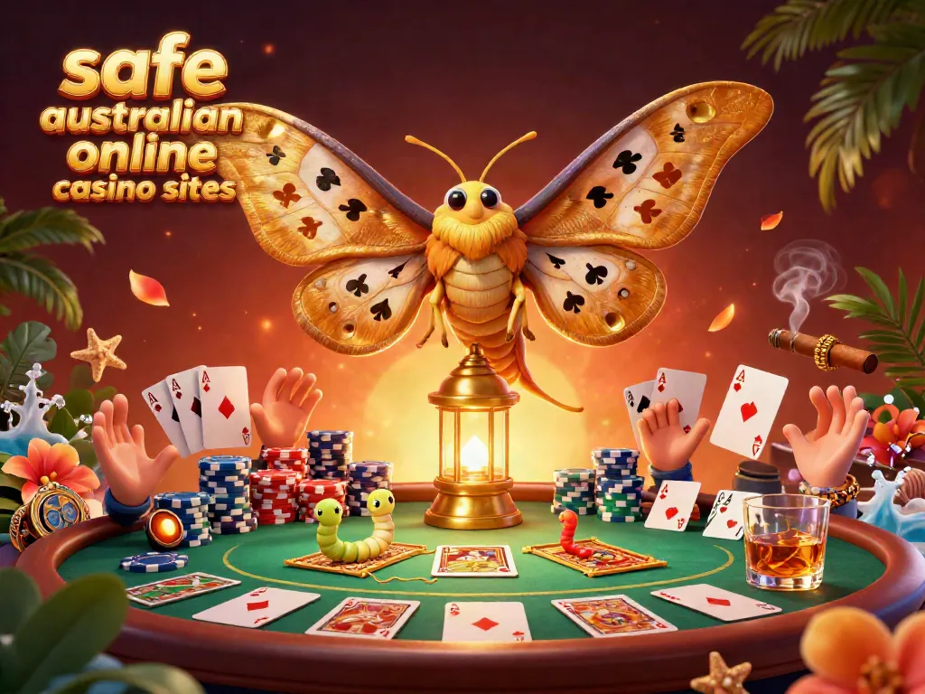 Engaging scene of safe australian online casino sites with butterfly, poker elements, and vibrant colors.