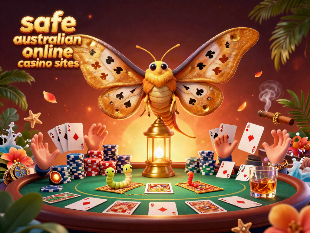 Engaging scene of safe australian online casino sites with butterfly, poker elements, and vibrant colors.