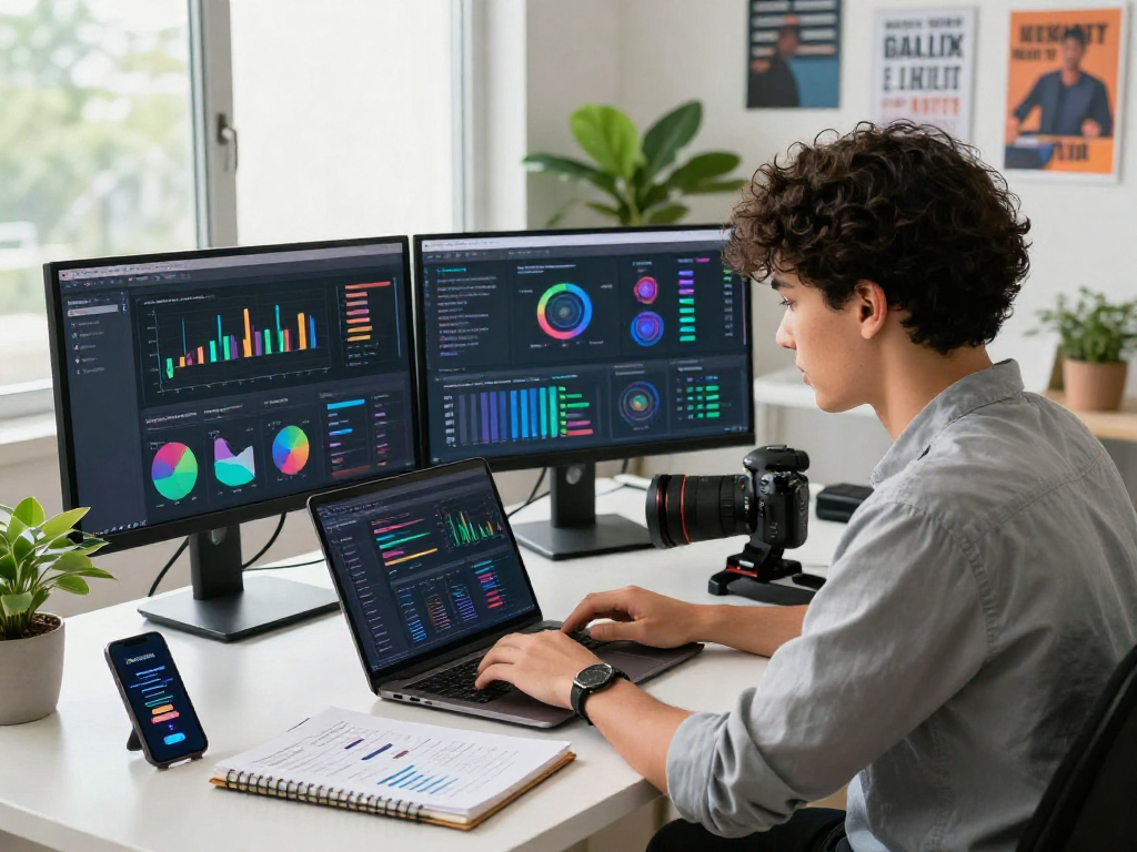 Marketer leveraging AI tools for digital strategy analysis in a vibrant workspace.