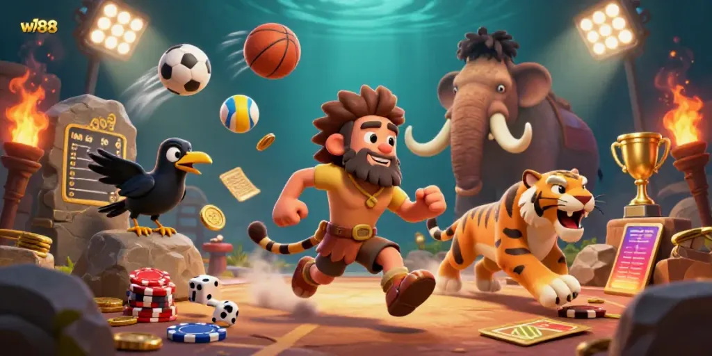 Experience the thrill of w188 with a dynamic casino scene featuring a caveman, sabertooth tiger, and crow.