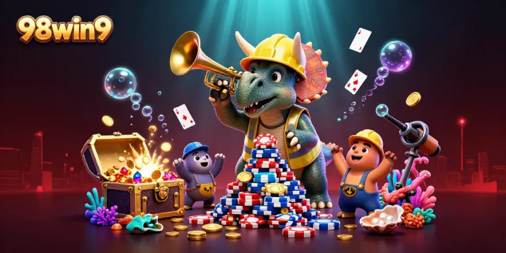 Engage with thrilling gaming action at 98win9 with a vibrant underwater poker celebration.