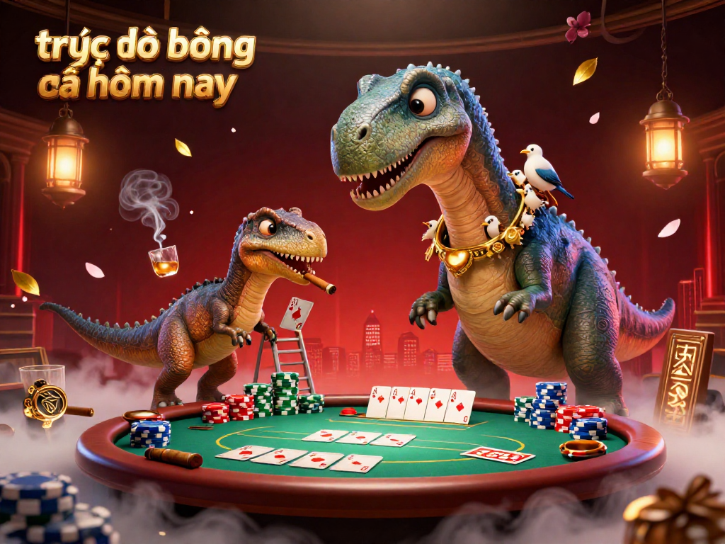 Experience trực tiếp bóng đá hôm nay with an epic 3D scene featuring a brontosaurus, raptor, and vibrant poker elements.