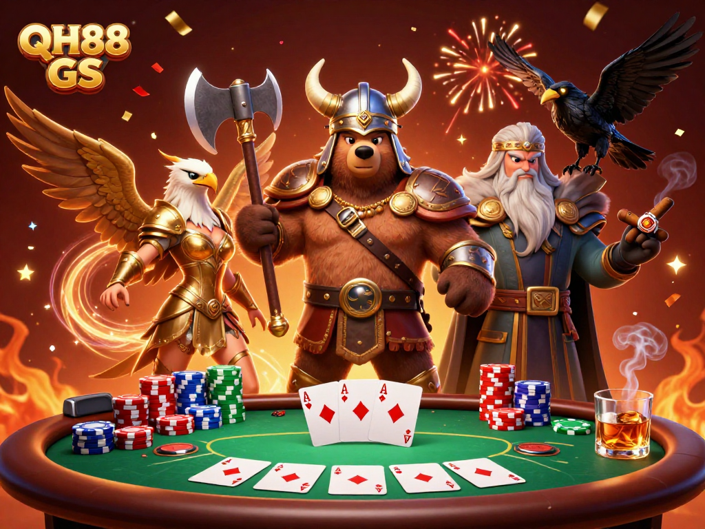 Experience the thrill of poker with QH88 GS featuring epic characters and dynamic gameplay elements.