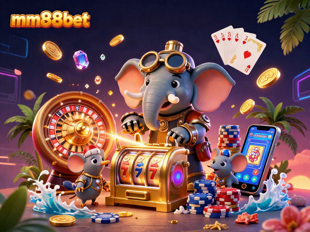 Spin to win with mm88bet's vibrant 3D illustration showcasing thrilling casino elements!