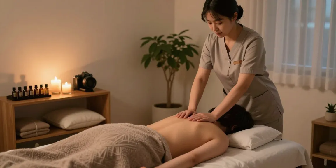 중랑구출장마사지 in a serene living room with professional masseuse and calming ambiance.
