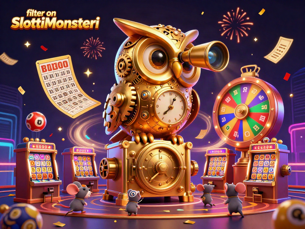 Engage with filters on SlottiMonsteri through a vibrant 3D casino scene with a detailed golden owl.