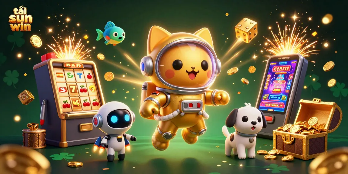 Play exciting games with tải sun win, featuring a vibrant 3D scene of slot machines and characters.