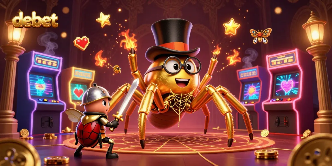 Experience the thrill of debet with dynamic casino-themed illustration showcasing a golden tarantula and beetle knight.