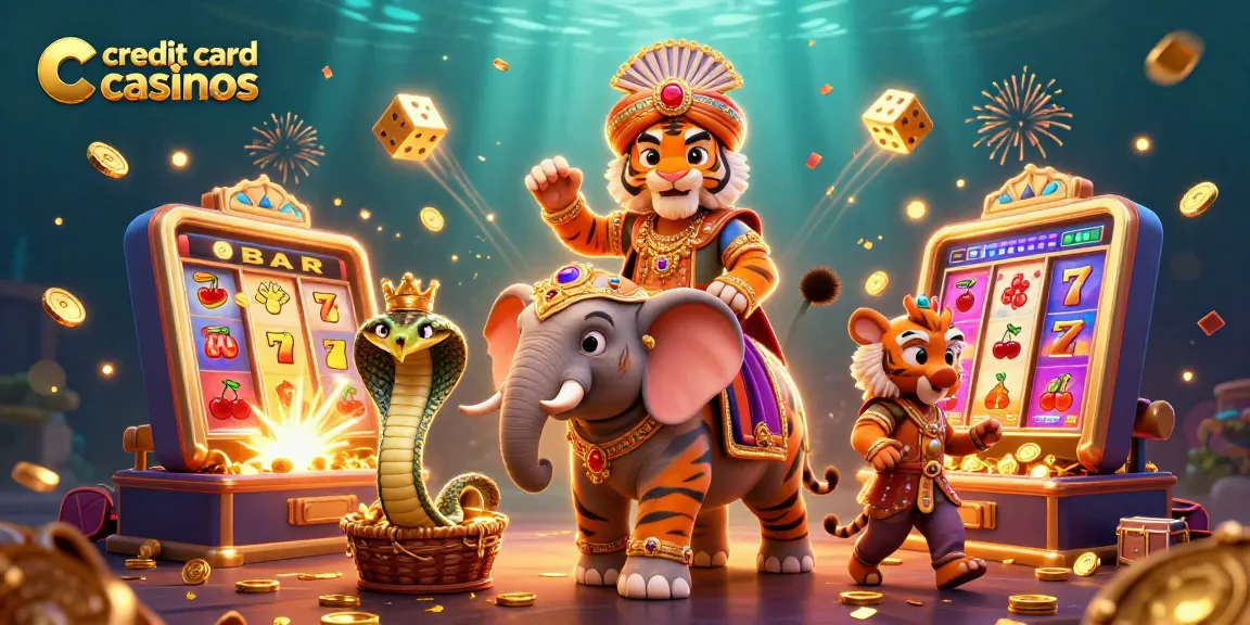 Experience the thrill of credit card casinos with a vibrant 3D scene of a maharaja tiger, elephant, and cobra amidst gaming excitement.