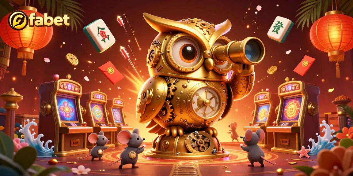 Engage in thrilling casino action with fabet's golden owl overseeing vibrant slot machines.