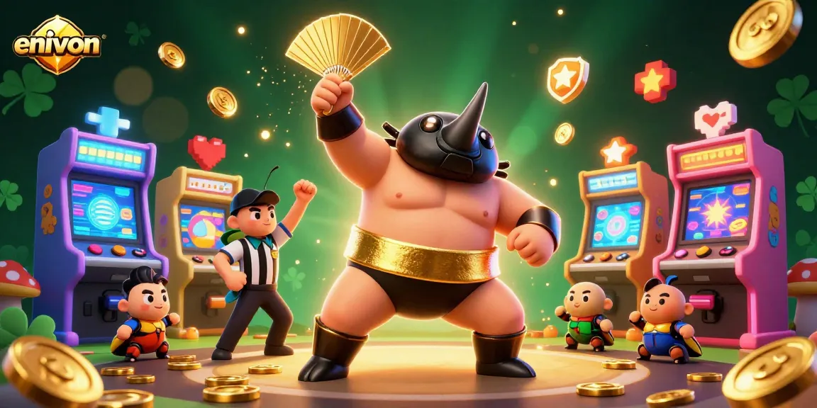 Environ showcases a thrilling casino atmosphere with a sumo beetle champion, captivating gameplay elements, and vibrant gold coins.