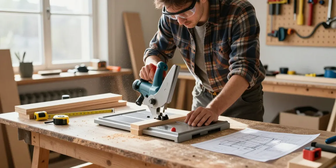 Carpenter using a mitre saw hand to craft precise wooden joints in a well-lit workshop.