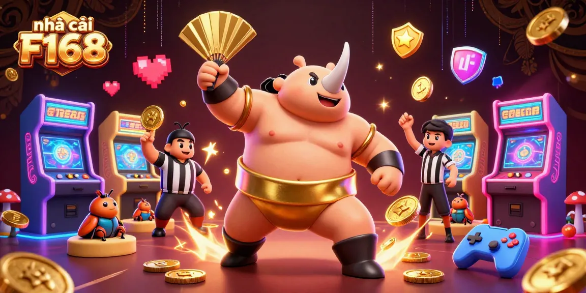 Experience excitement at nhà cái F168 with a cartoon beetle champion amidst flying coins and glowing arcade machines.