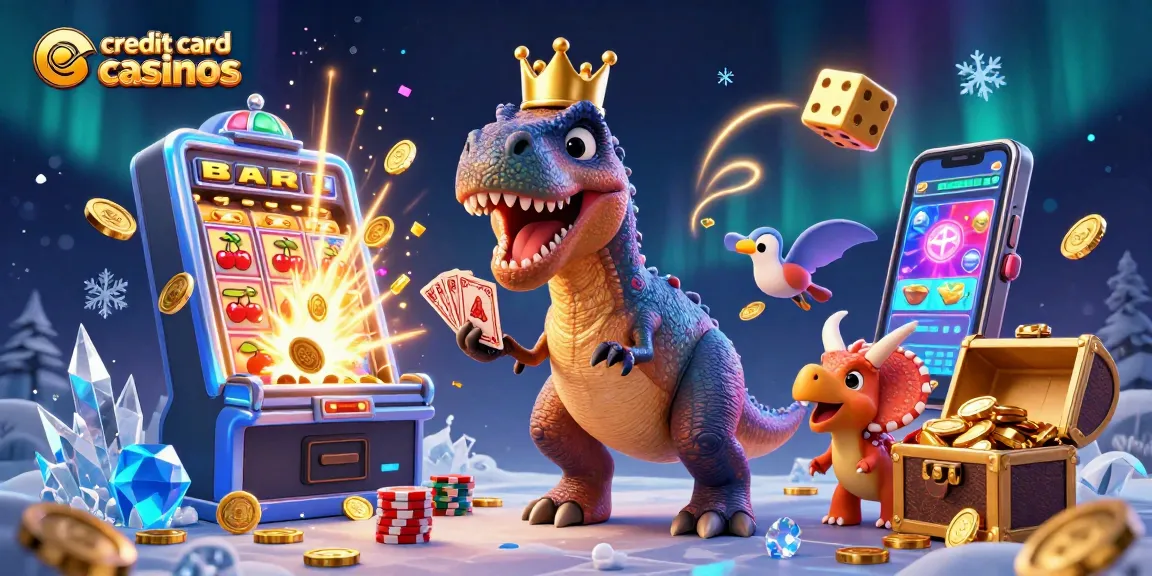 Engaging scene at credit card casinos with cartoon T-Rex shuffling cards, golden chips, and a slot machine.