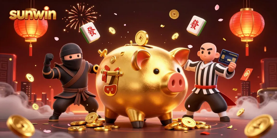 Engage with sunwin in a vibrant 3D casino scene featuring a golden piggy bank and gaming elements.
