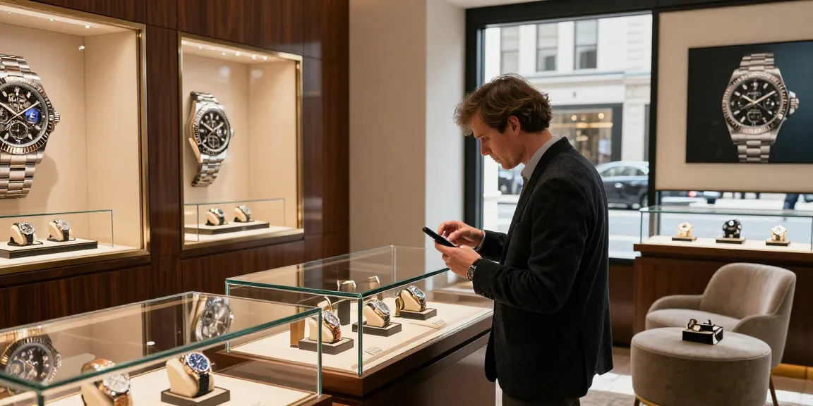Person admiring a rolex replica in a luxury showroom showcasing super clone watches.