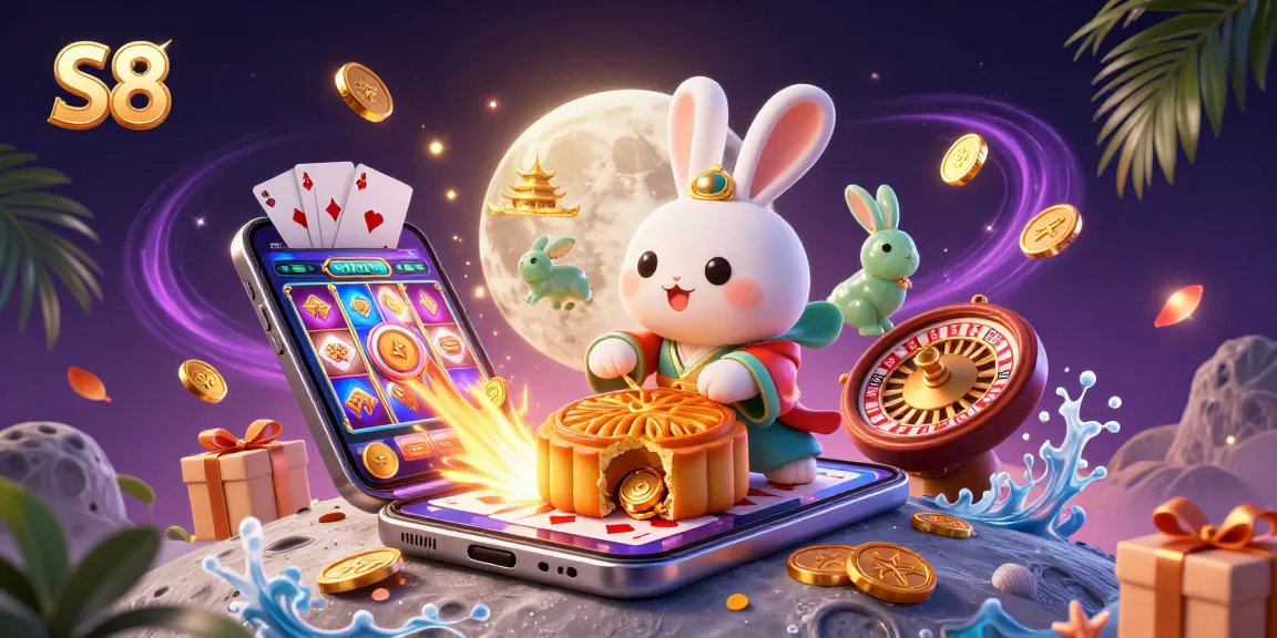 S8 offers thrilling gaming experiences featuring enchanting moon rabbits amidst vibrant slot games and poker chips.