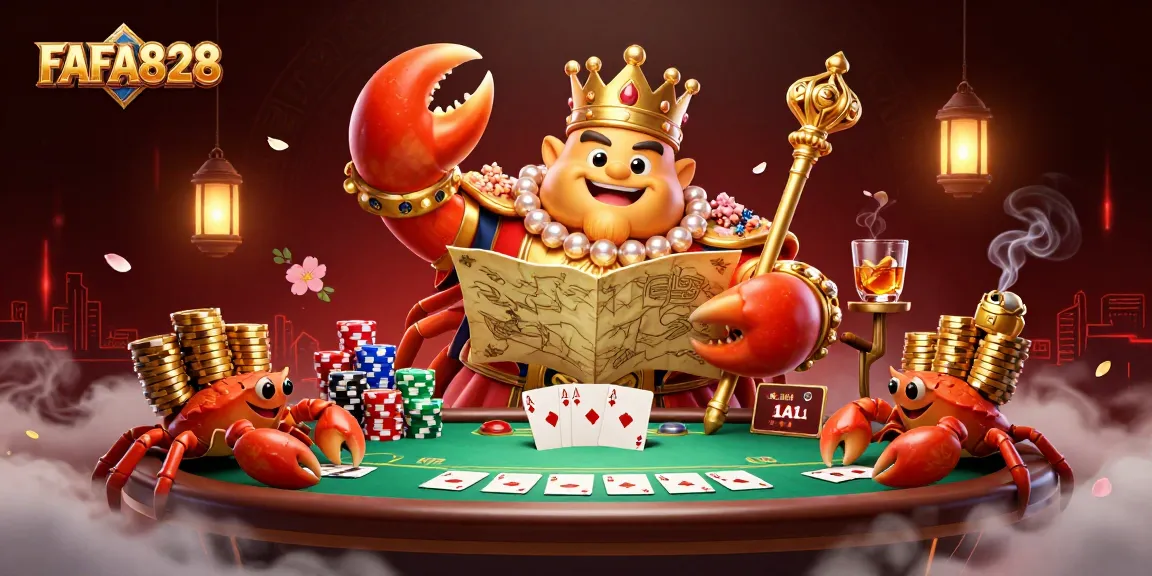 Engage with FAFA828's vibrant casino scene featuring a golden crab emperor among poker elements.