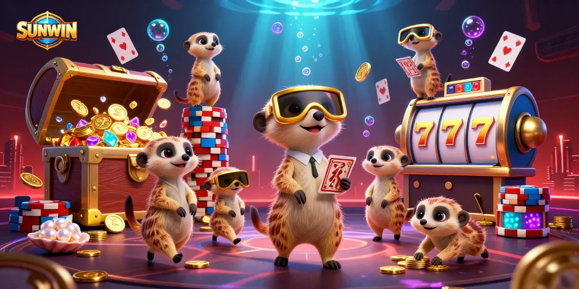 SUNWIN casino scene with meerkats as dealers and vibrant underwater treasures creating a rich gambling atmosphere.
