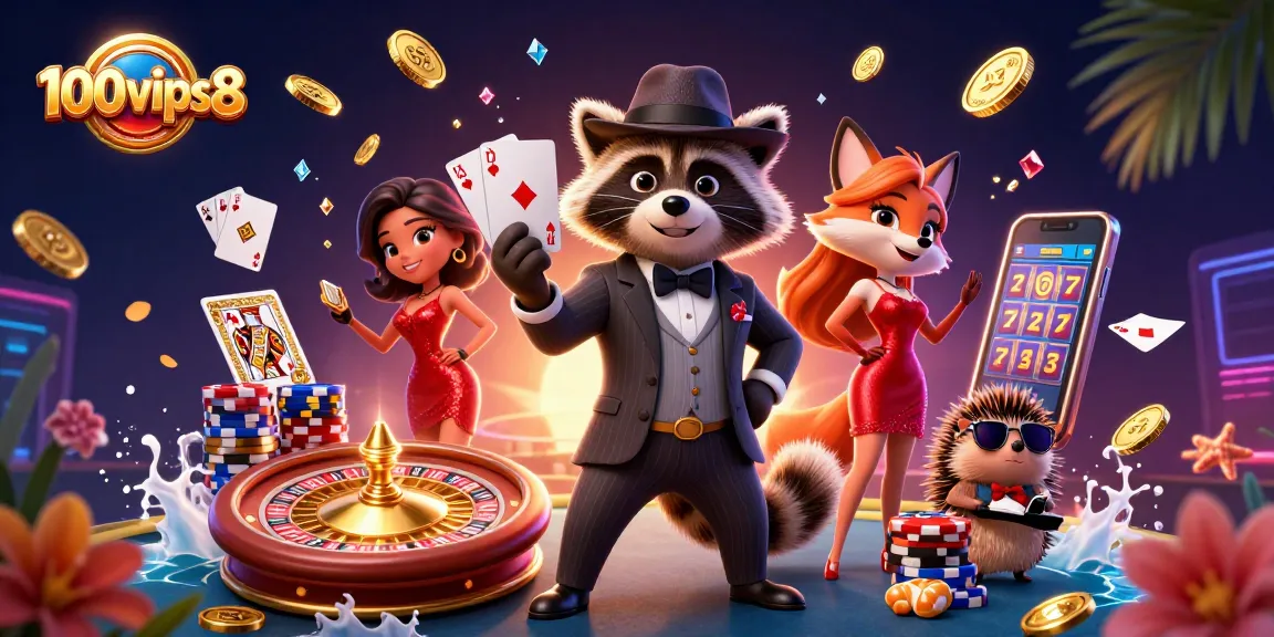 Join the excitement at 100vips8 with suave characters in a dynamic casino scene.